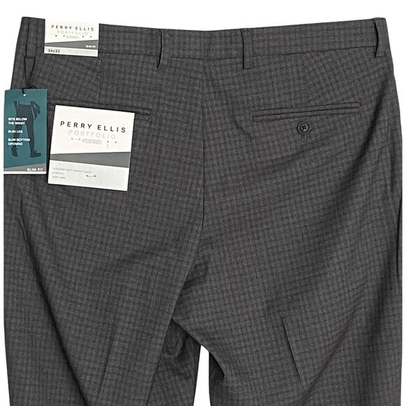 Perry Ellis Portfolio Pants Men's 34x32 Slim Fit Dress Pant Charcoal Gingham NEW - Picture 6 of 12